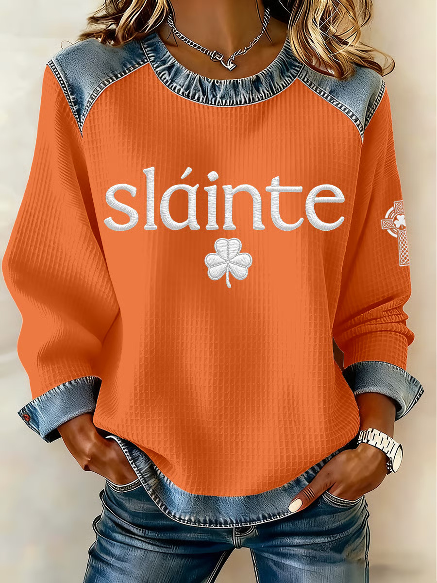 Women's Clover Print Waffle Knit Crewneck Sweatshirt