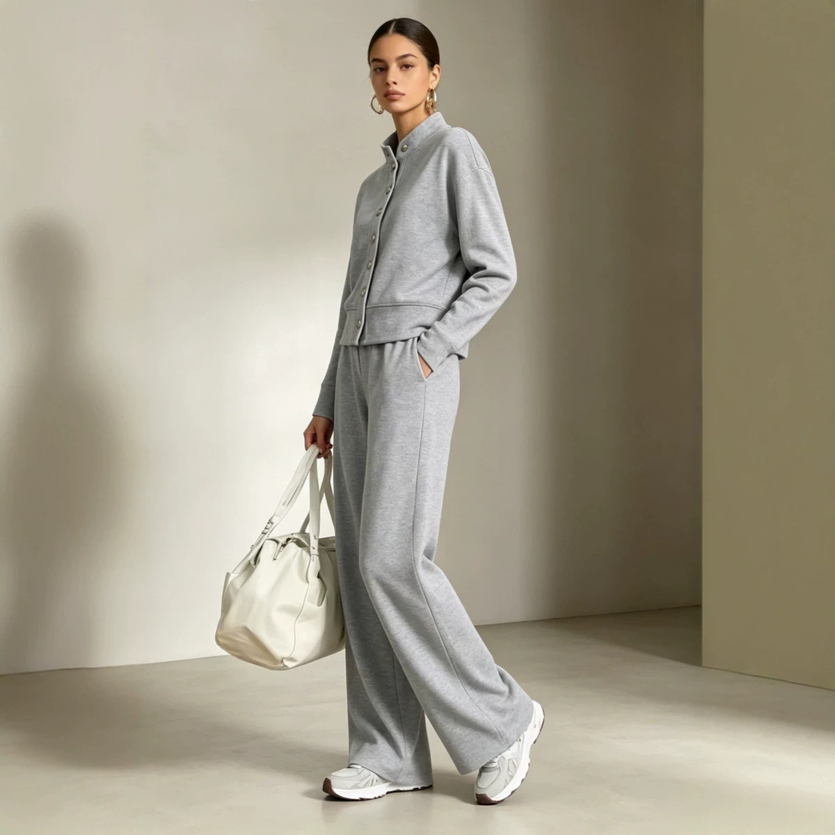 Women's Solid Stand-Collar Cardigan Hoodie & Wide-Leg Pants Set