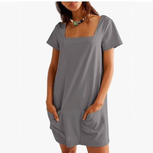 Square Neck Short Sleeve A-Line Dress with Pockets Solid Color