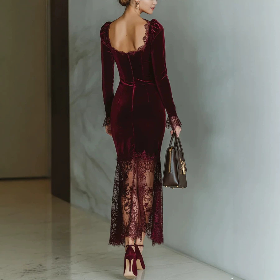 French Lace Panel Bodycon Midi Dress Square Neck Long Sleeve