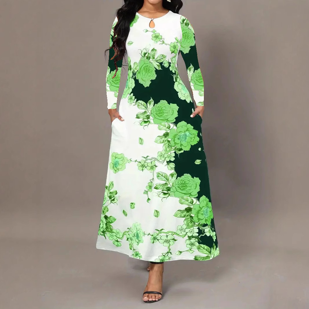 Women's Round Neck Long Sleeve Floral Print Pocket Waist-Fitted Maxi Dress