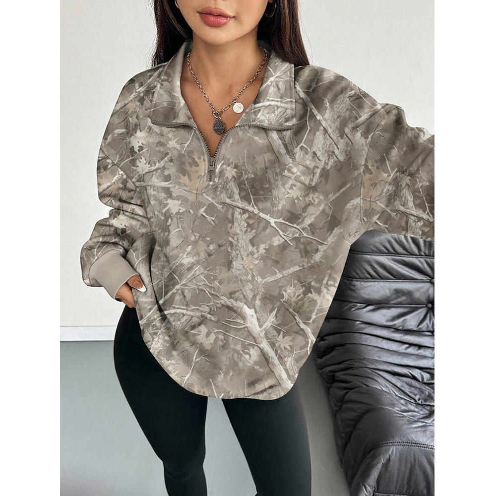 Women's Branch Print Loose Sweatshirt with Collar