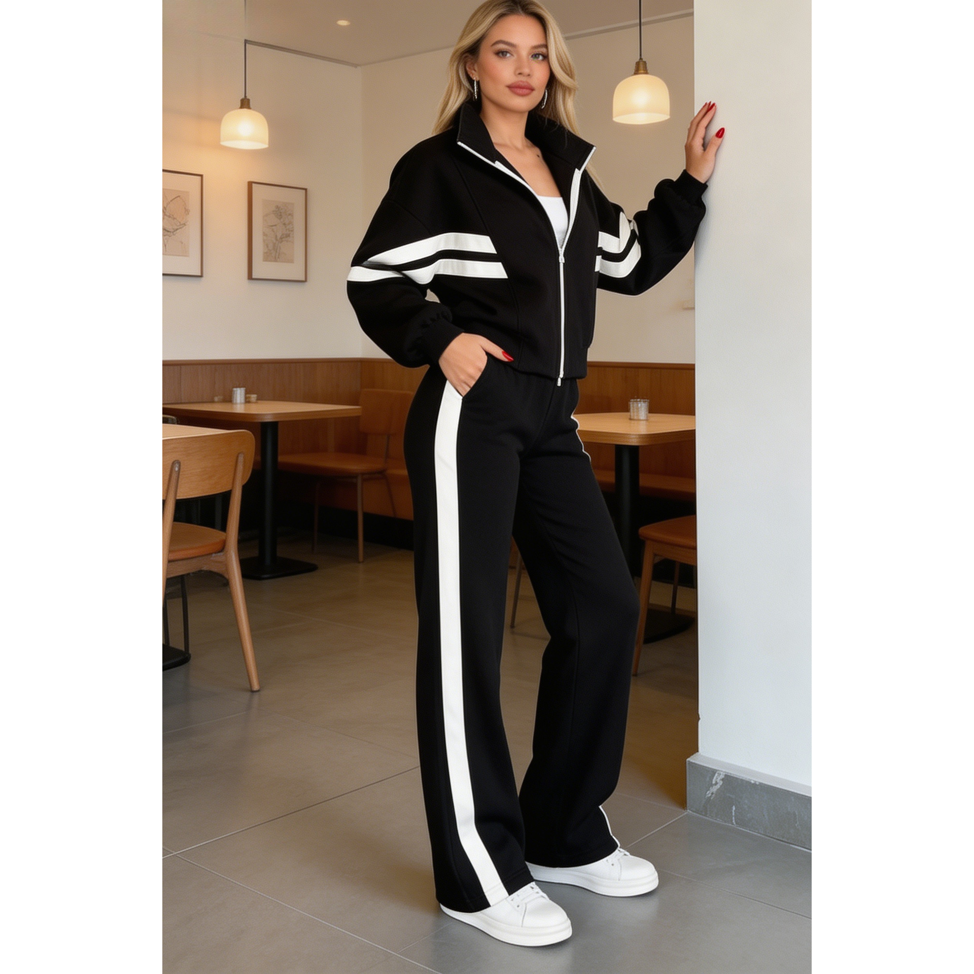 Y2K Striped Zip-Up Top & Pants Casual Tracksuit Set