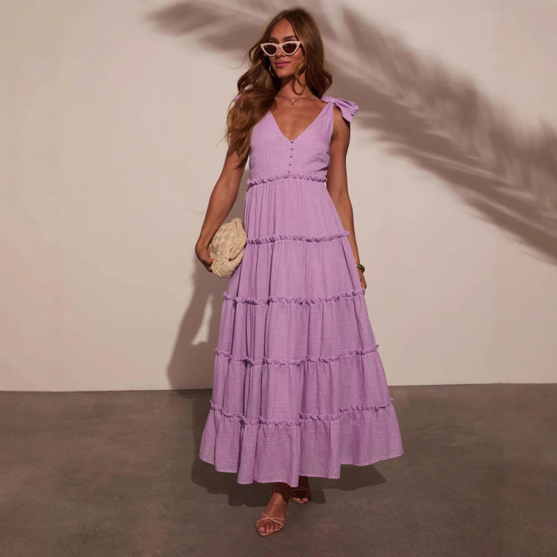 V-Neck Button Ruffle Midi Dress