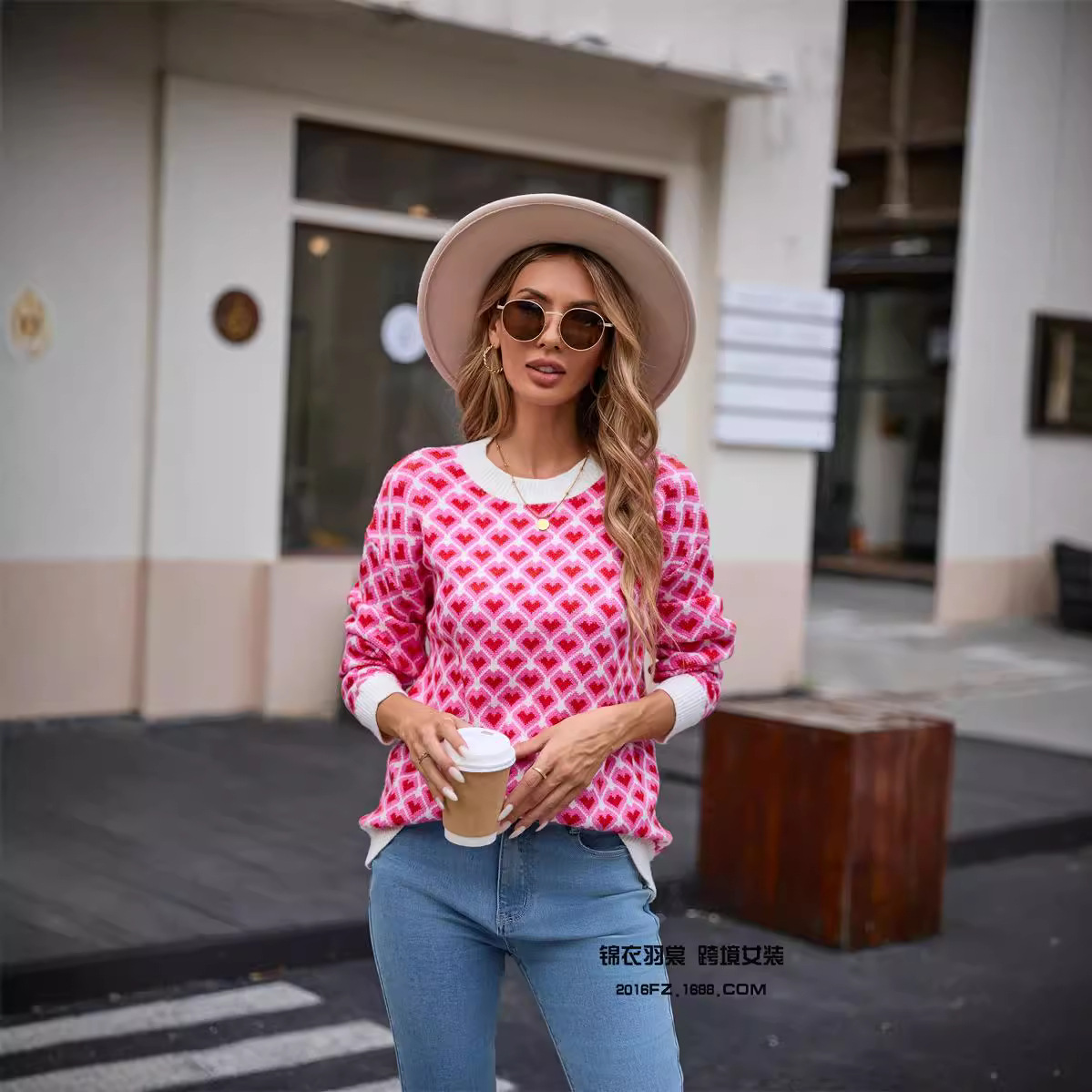 Women's Heart Jacquard Crewneck Pullover Sweater