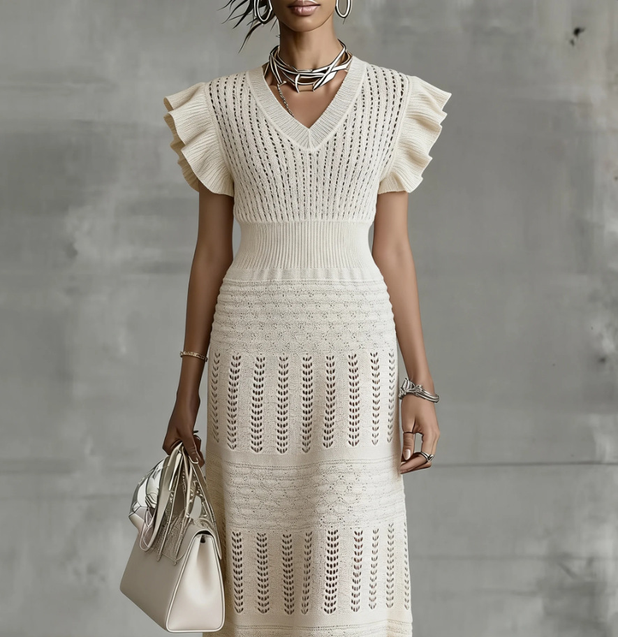 Women's V-Neck Ruffle Short Sleeve High Waist Midi Knit Dress
