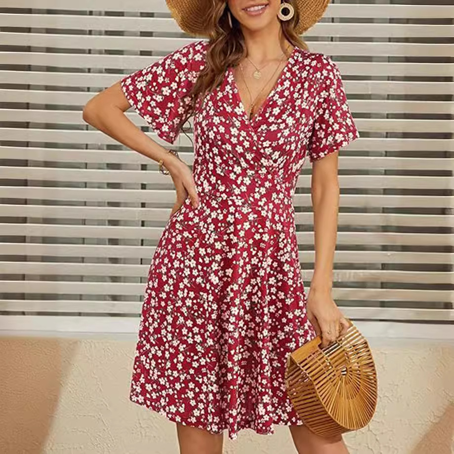 Women's Floral Short Sleeve Wrap V-Neck A-Line Midi Dress