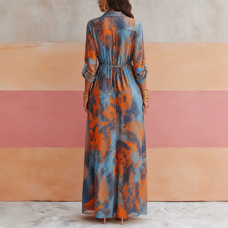 Women's Casual Printed Long Sleeve Lapel Collar Long Dress