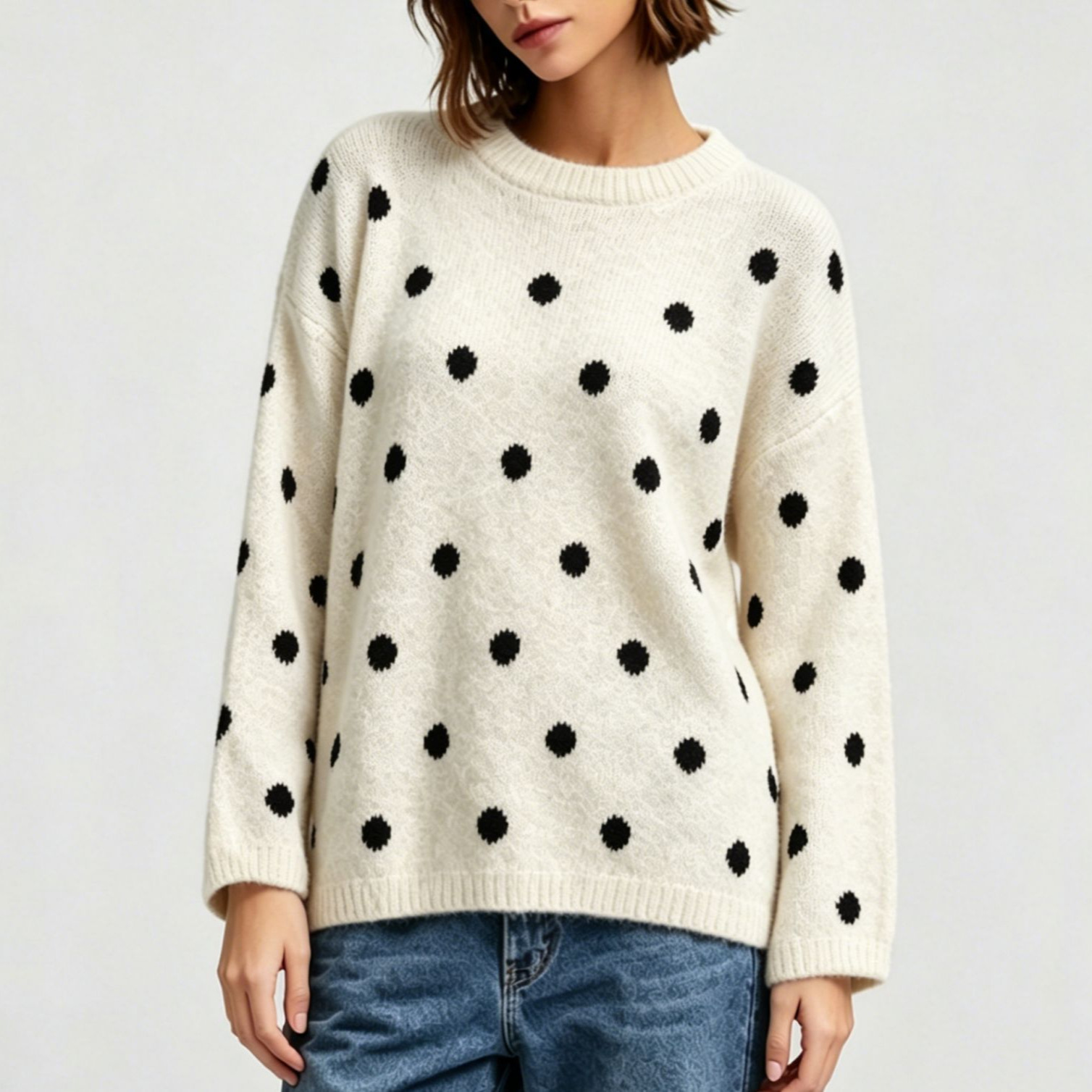 Polka Dot Crewneck Pullover Sweater for Women Soft Knit Top
