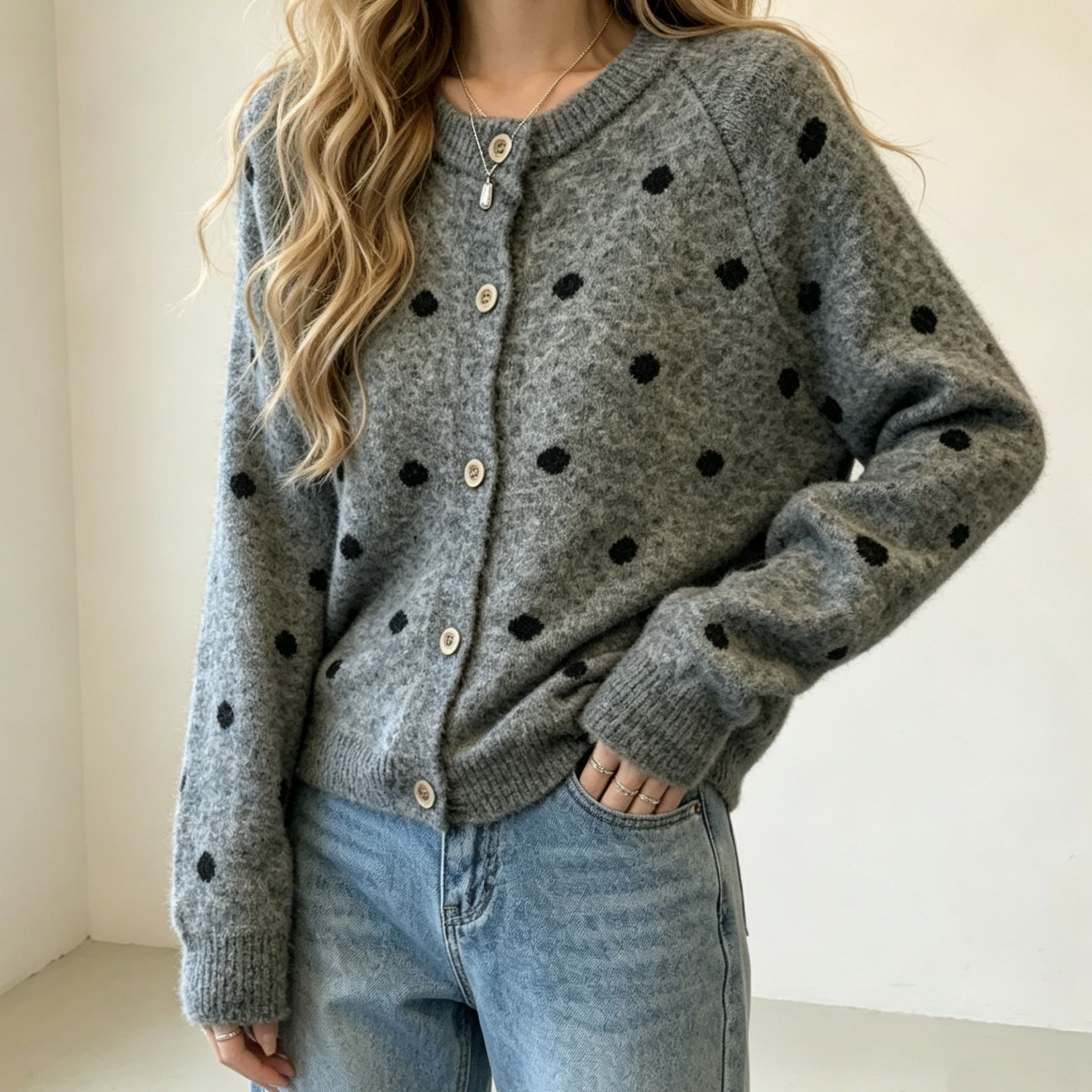 Colorblock Polka Dot Knit Cardigan Sweater