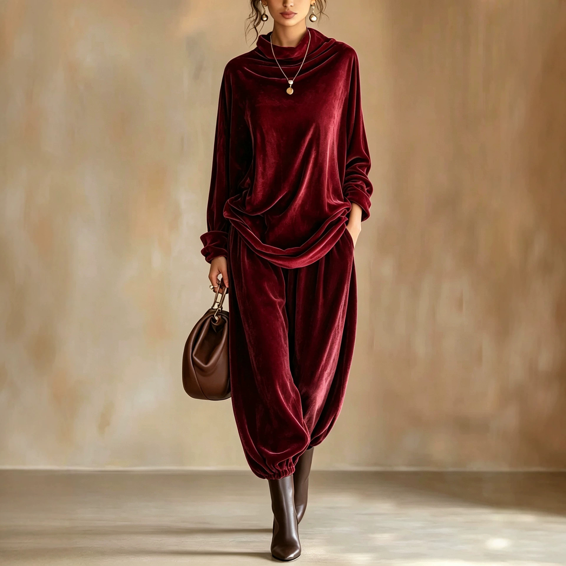 Women's Velvet Two-Piece Set with Cowl Neck Top and Harem Pants