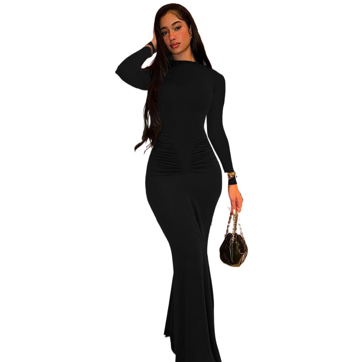 Pleated Round Neck Slim Fit Long Sleeve Dress