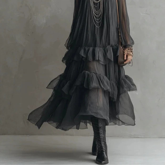 Sheer Chiffon Long Sleeve Tiered Ruffle Maxi Dress