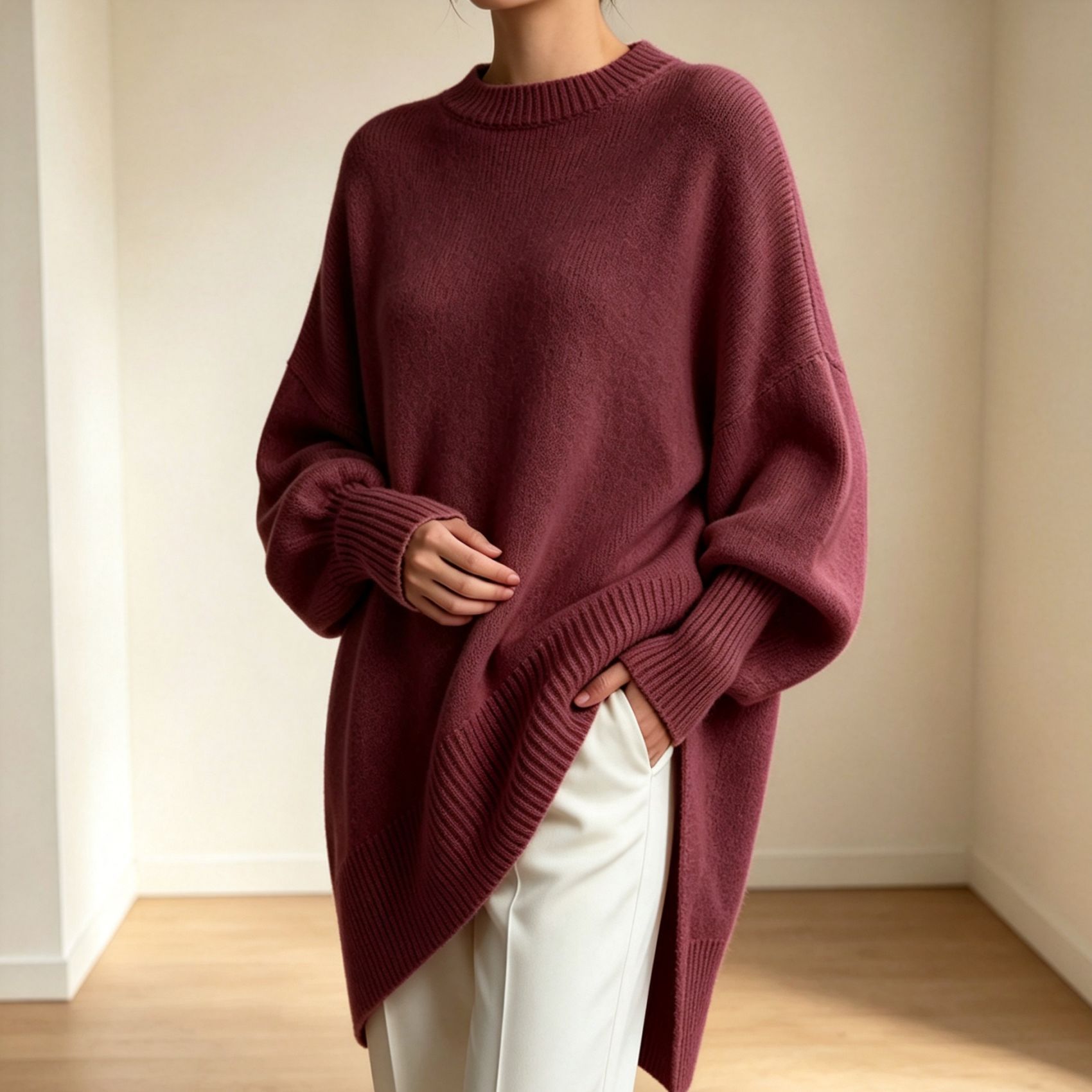 Women's Crewneck Pullover Knit Sweater Loose Relaxed Solid Color