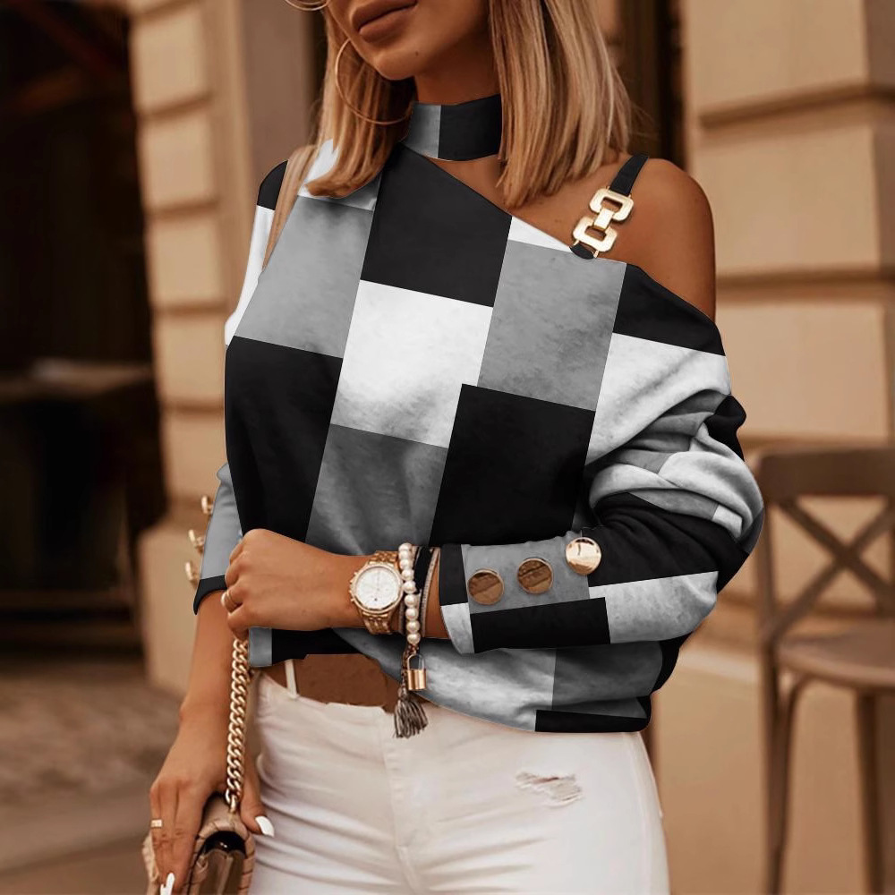 Women's Long Sleeve Chain Halter Neck Printed Button-Detail Top
