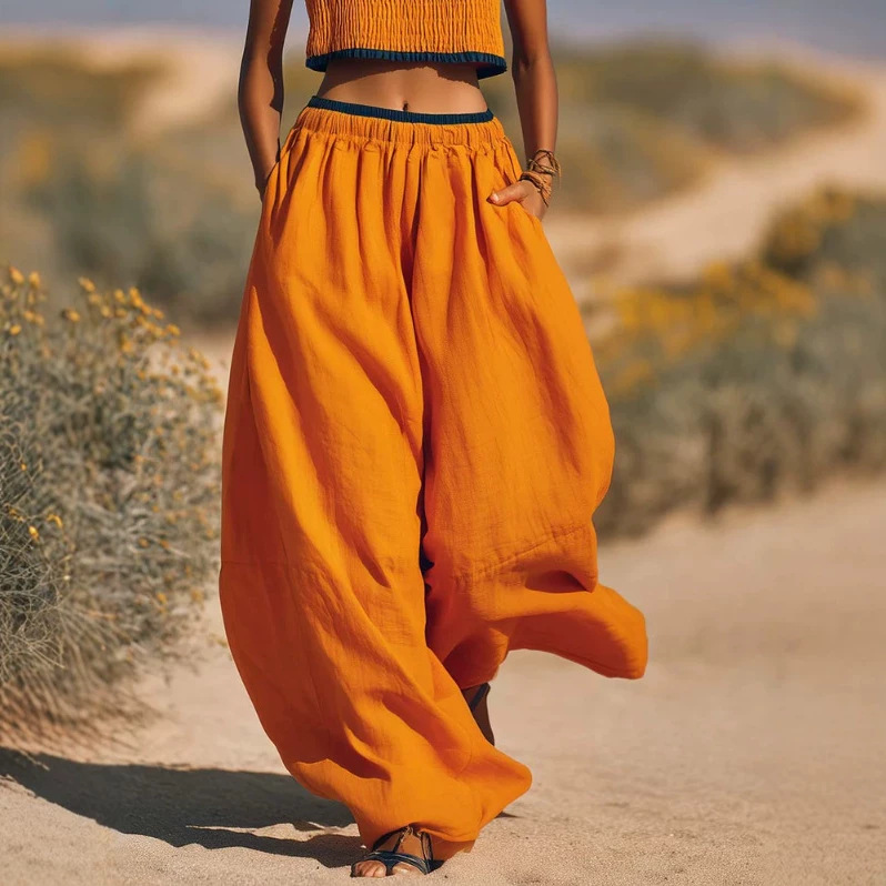 Orange Cotton-Linen Strapless Top and Pants Set