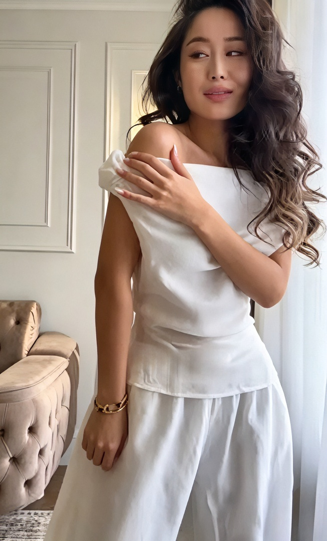 Women's Summer Solid One-Shoulder Short-Sleeve Top & Loose Pants Two-Piece Set