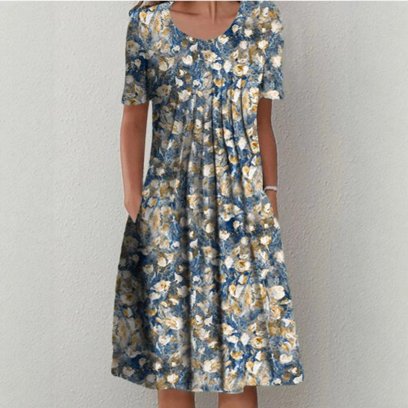 Plus Size Floral Print Short Sleeve Round Neck Midi Dress