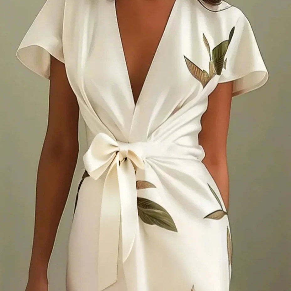 Satin Belted V-Neck Print Long Dress