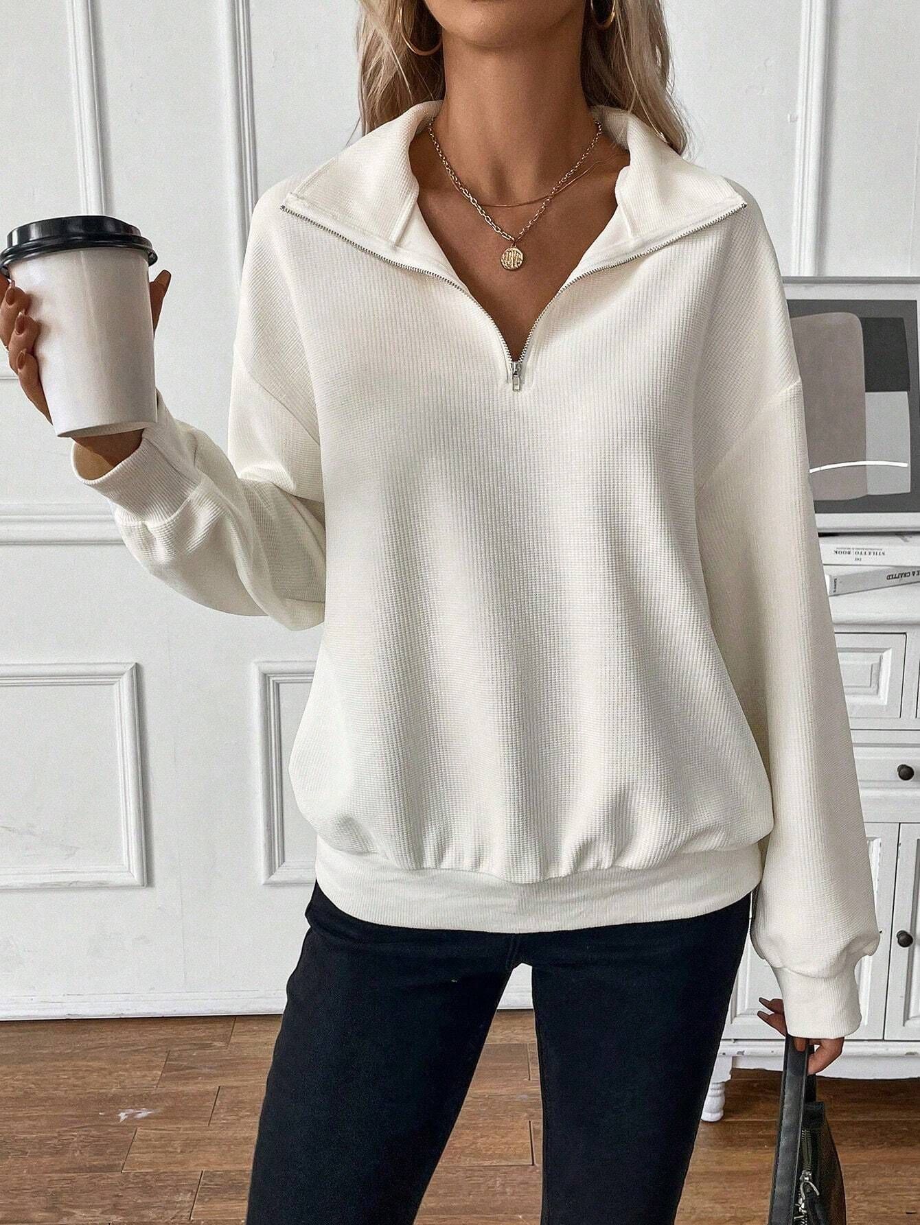 Unisex Loose Fit Solid Color Zip-Up Hoodie with Collar