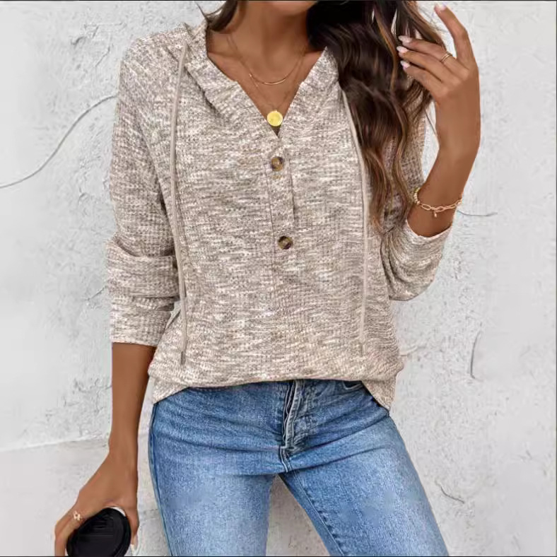 Solid Color Hooded Button Loose Long Sleeve Sweatshirt for Women