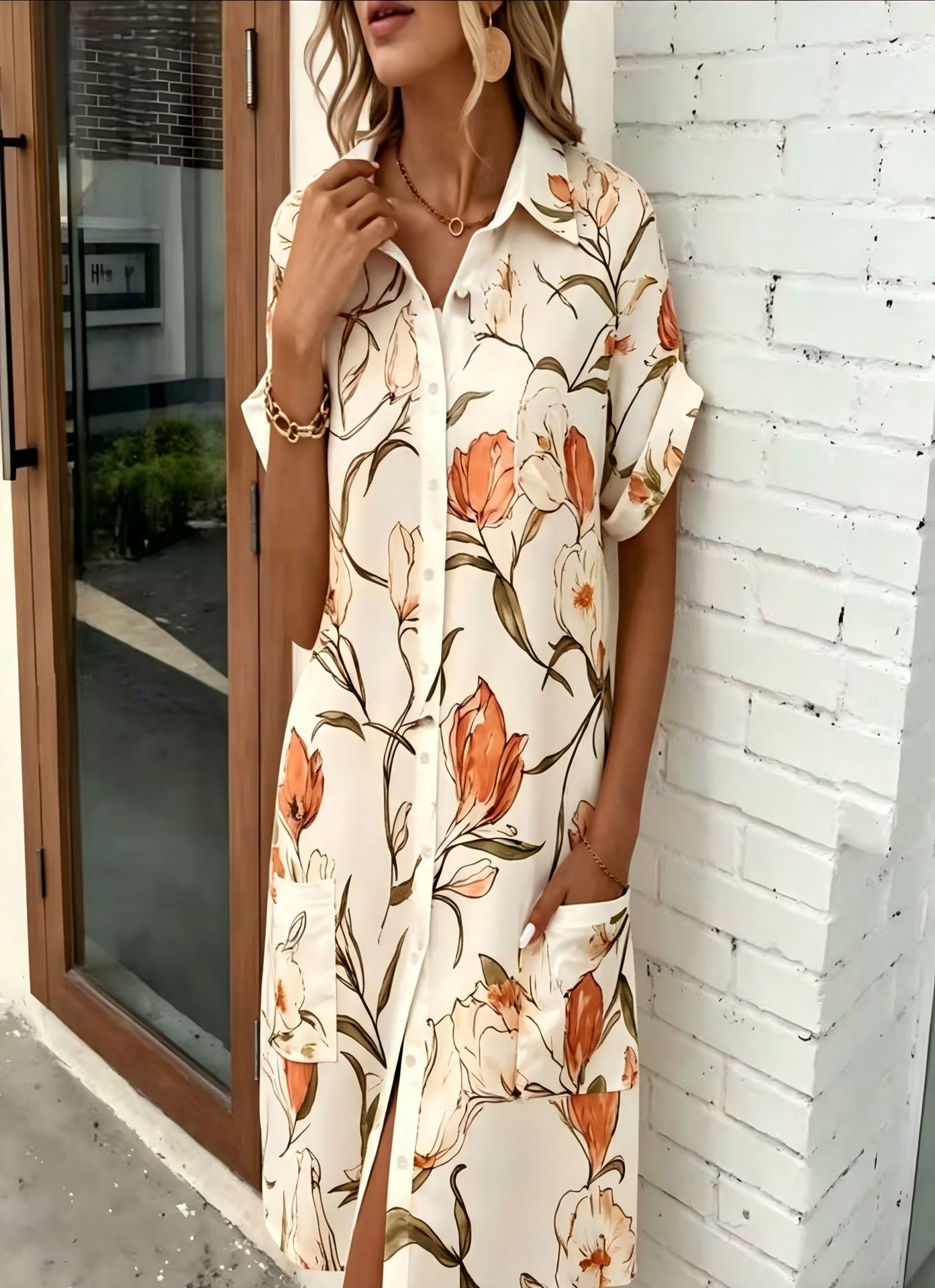 Women's Floral Print Midi Shirt Dress with 3D Digital Print