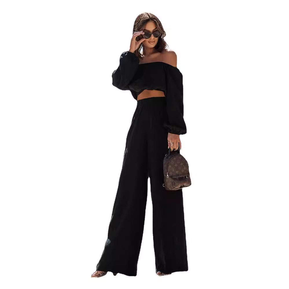 Off-Shoulder Short-Sleeve Top and Straight-Leg Pants Set Solid Color Commuter Two-Piece