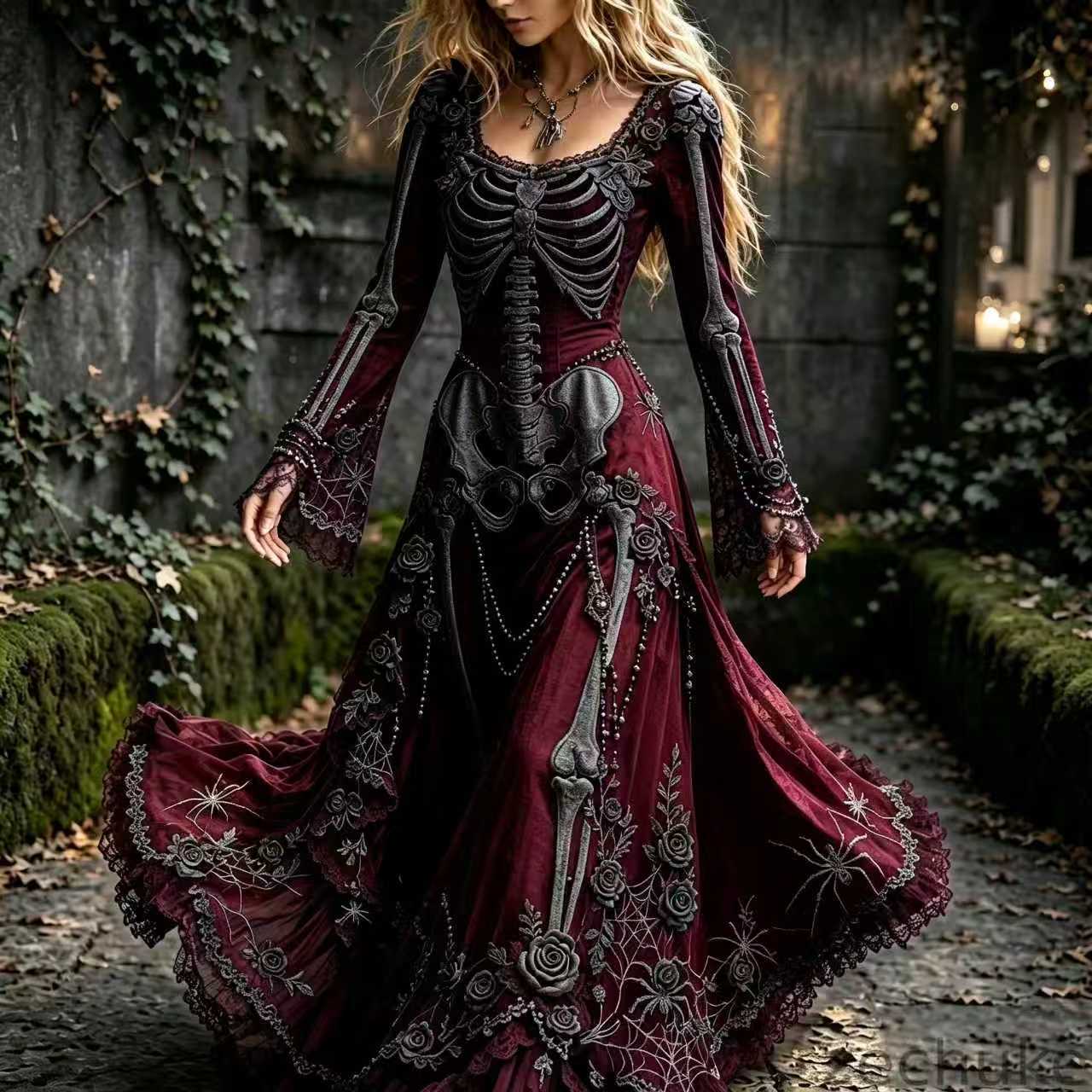 Court-Style Long-Sleeve Flared-Sleeve Maxi Dress with Fun Full Skirt