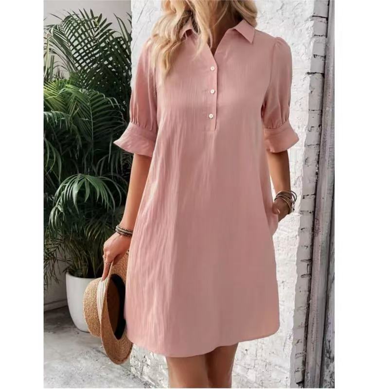 Women's Casual Loose Solid Color A-Line Dress with Collar and Buttons