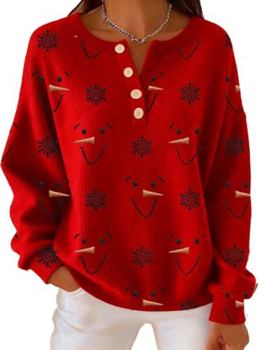 Women's Snowman Carrot Snowflake Smiley Print Button Sweatshirt
