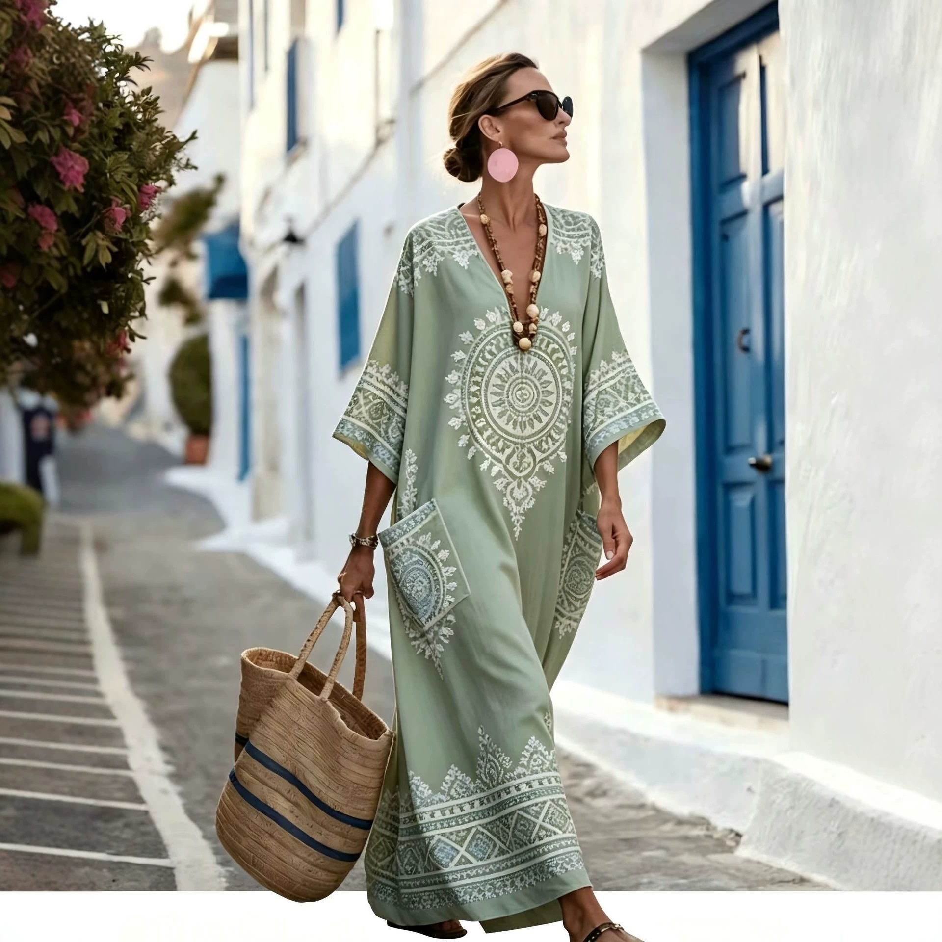 Women's Floral Print Casual Dress with Pockets