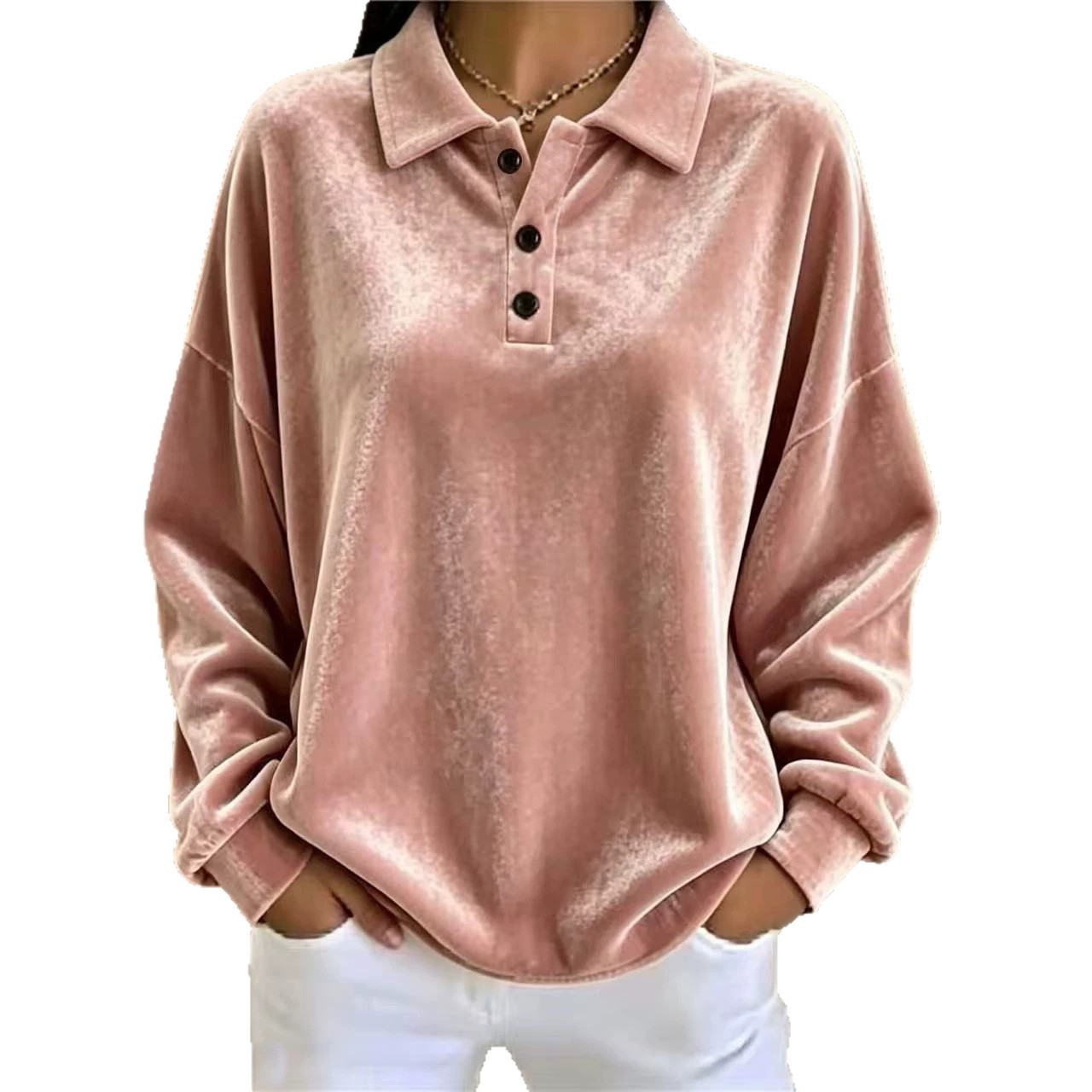 Women's Loose Velvet Button-Up Long-Sleeve Sweatshirt