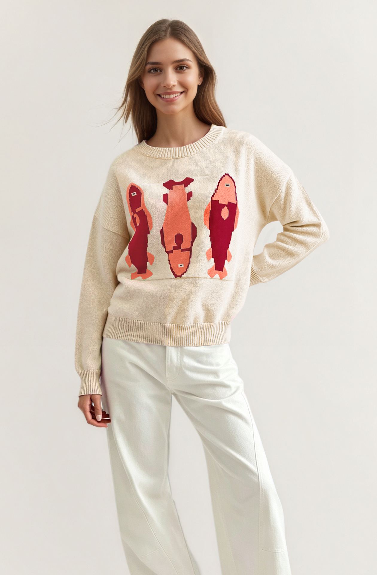 Women's Loose Crewneck Jacquard Knit Sweater