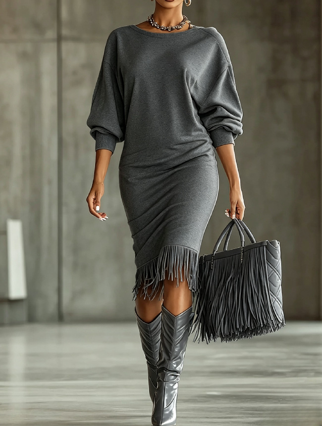 Women's Midi Fringe Dress Crew Neck Long Sleeve A-Line