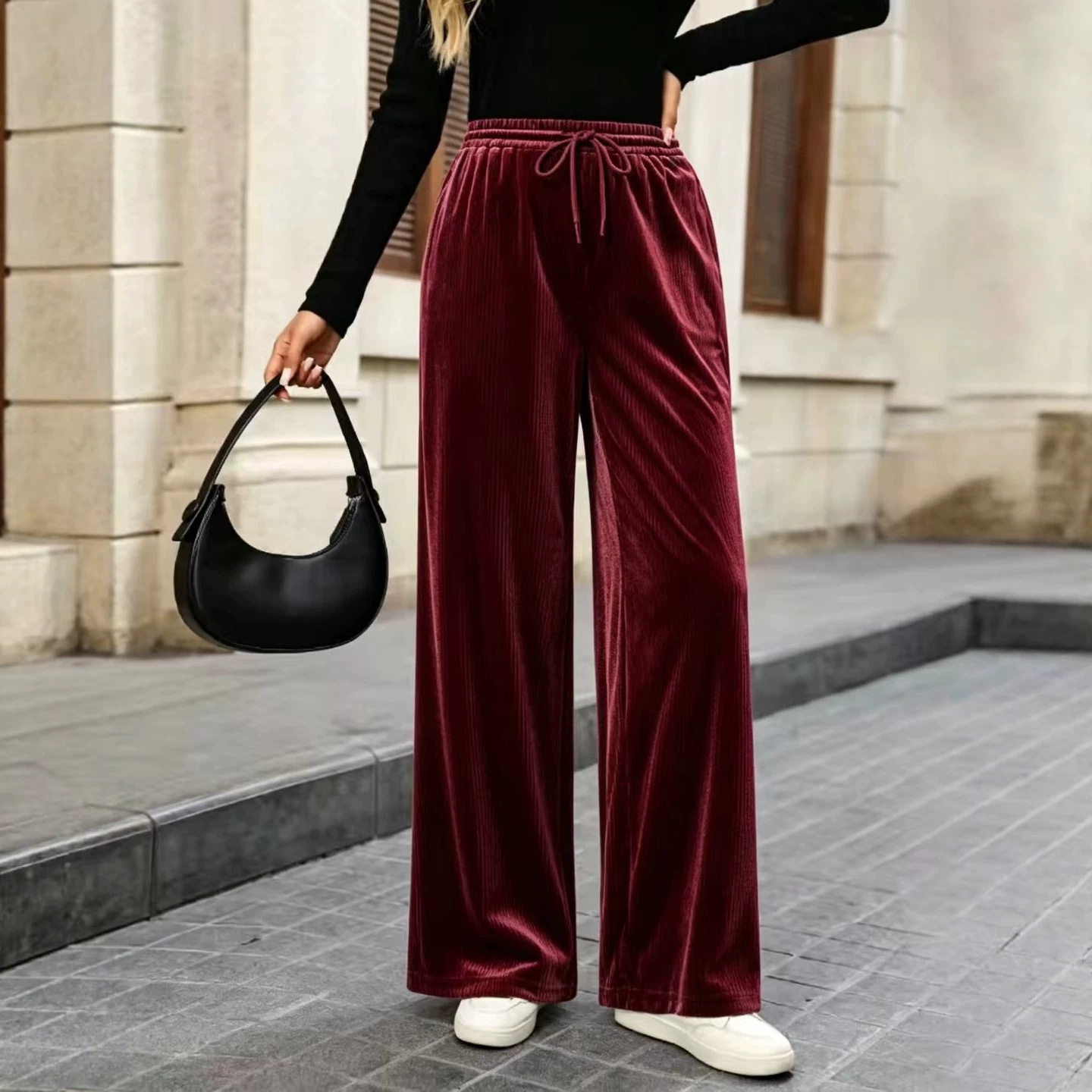 High-Waist Drawstring Wide-Leg Velvet Pants