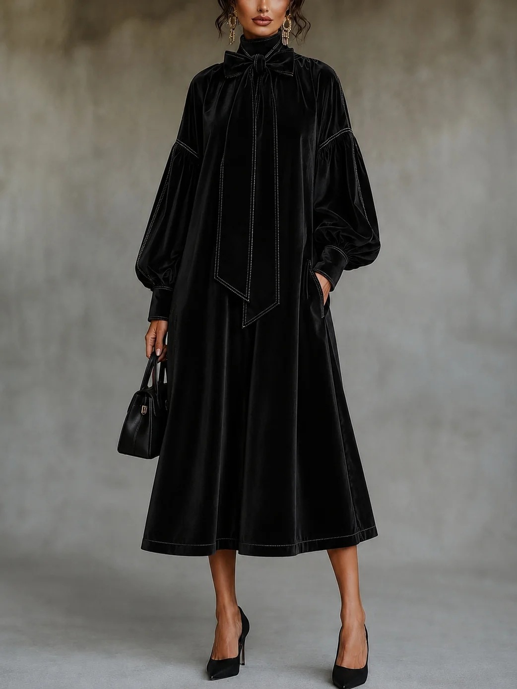 Black Velvet Bow Lantern-Sleeve Loose Midi Dress