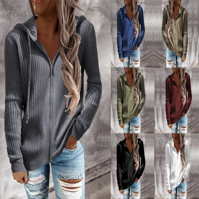 Striped Hooded Zip-Up Cardigan Sweater Women Loose Knit Long Sleeve