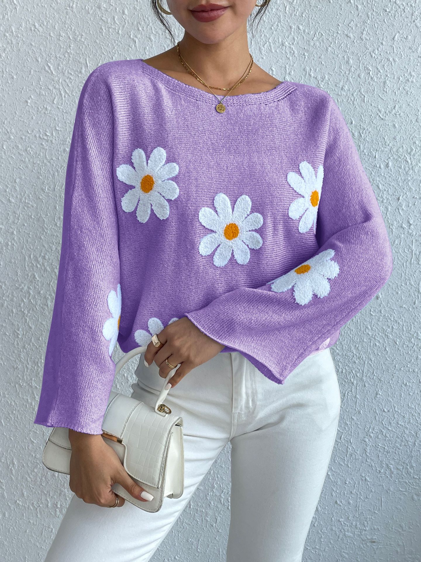 Sweet Floral Embroidered Off-Shoulder Loose Knit Sweater
