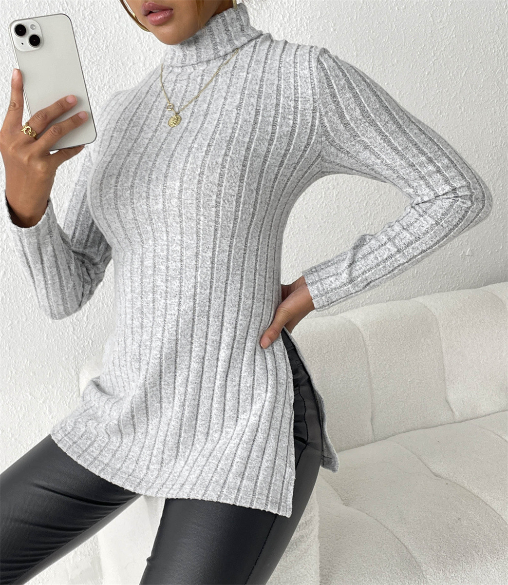 High Neck Slim Fit Split Hem Long Sleeve Midi Sweater