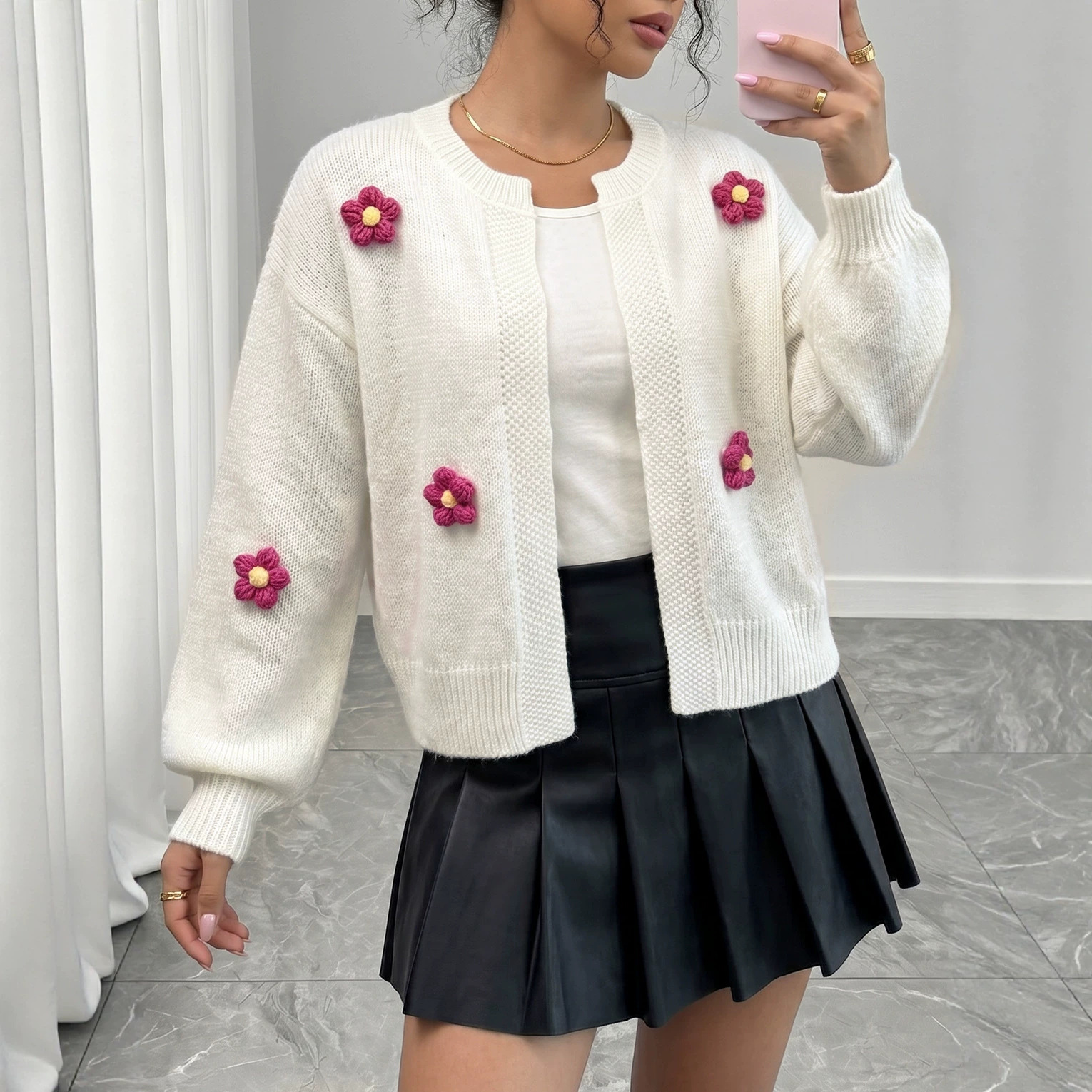 Hand-Crochet Floral Knit Cardigan Sweater