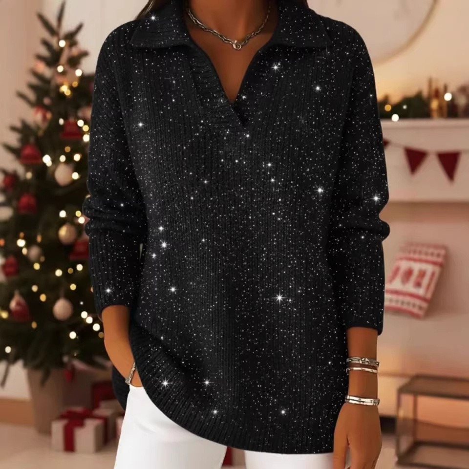 Shimmer Solid Color Long Sleeve Collared Knit Top