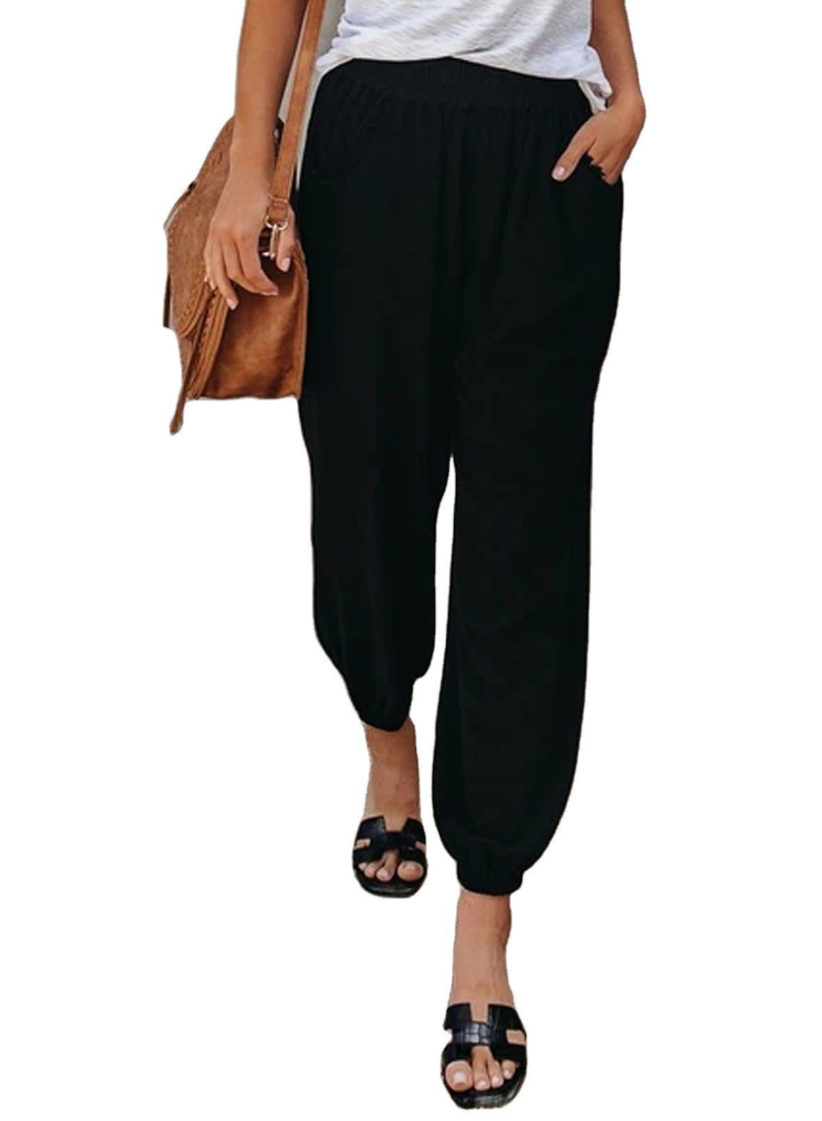 Women's Loose Fit Cropped Jogger Pants with Pockets Mid Rise