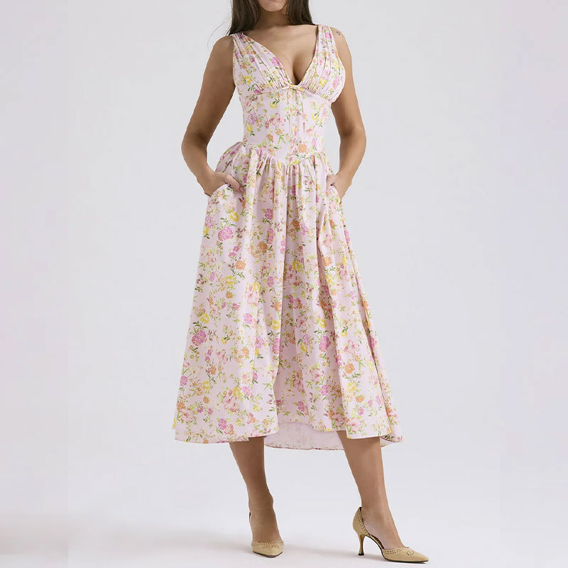 Women's Off-Shoulder Floral Print Cami Maxi Dress with Pleated Details
