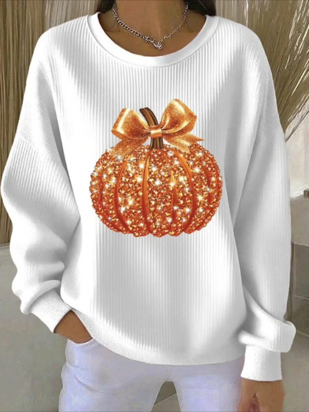 Women's Pumpkin Christmas Tree Bow Print Crewneck Sweatshirt