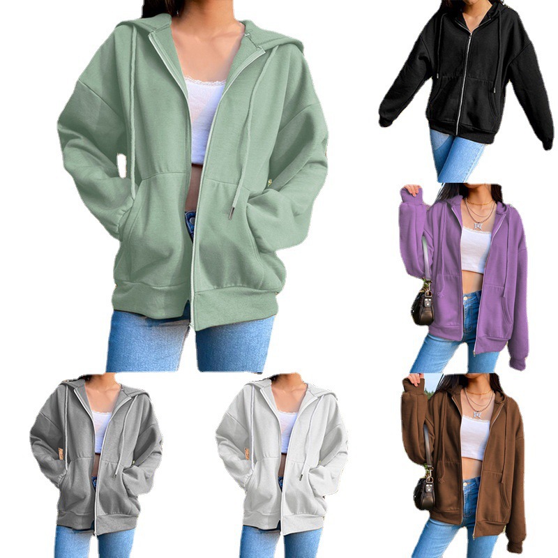 Women's Fleece-Lined Hooded Zip-Up Sweatshirt Jacket Solid Color Long Sleeve