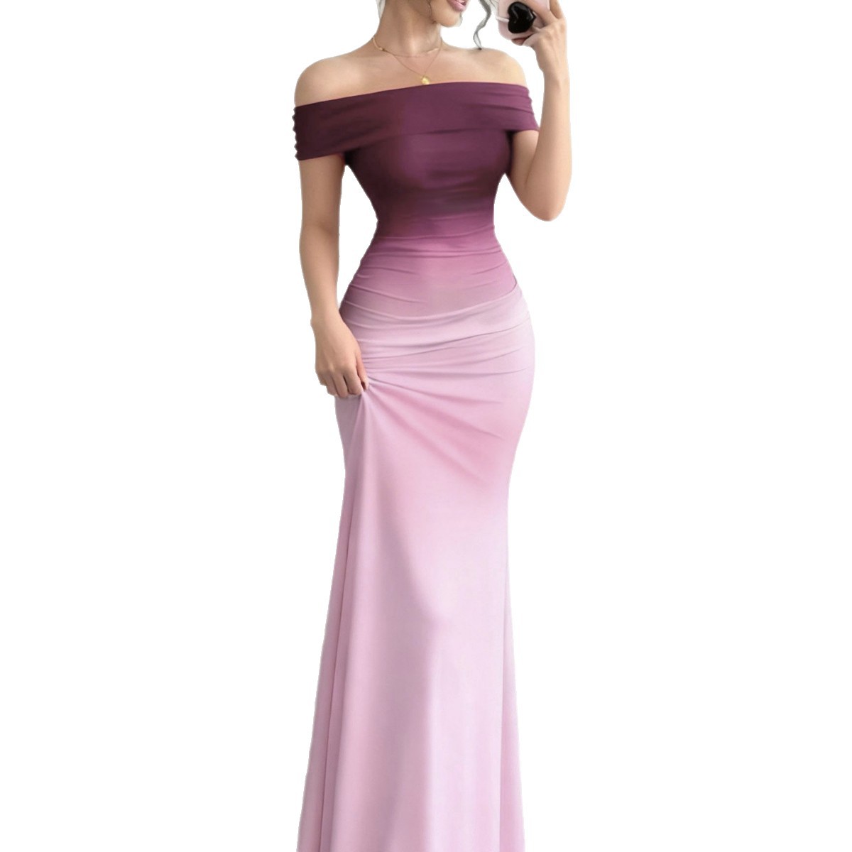 Gradient Off-Shoulder Short Sleeve Bodycon Long Dress