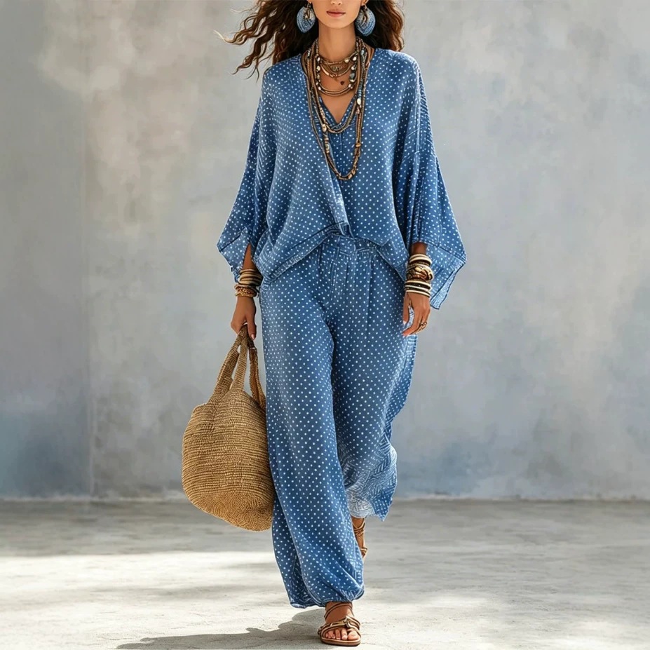 Women's Artistic Two-Piece Set with Crew Neck, Batwing Sleeves, and Wide-Leg Pants