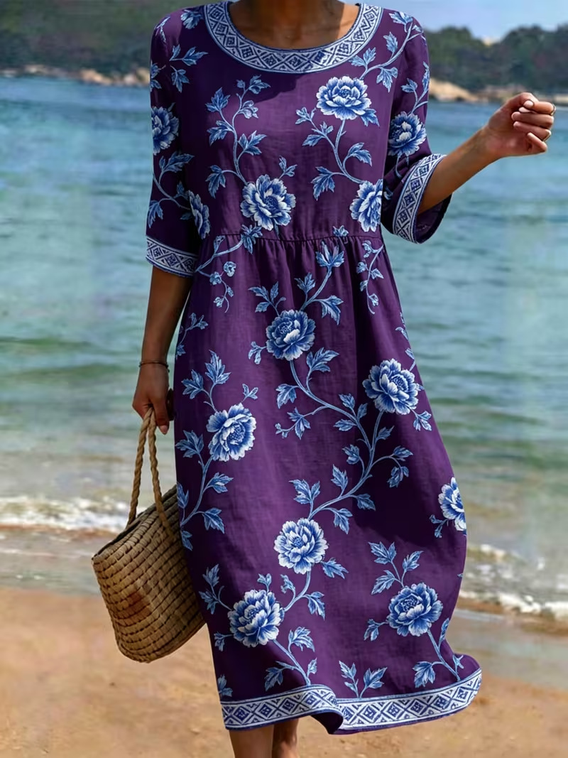 Women's Floral Print Midi Dress Crew Neck Half Sleeve Slim Fit Casual