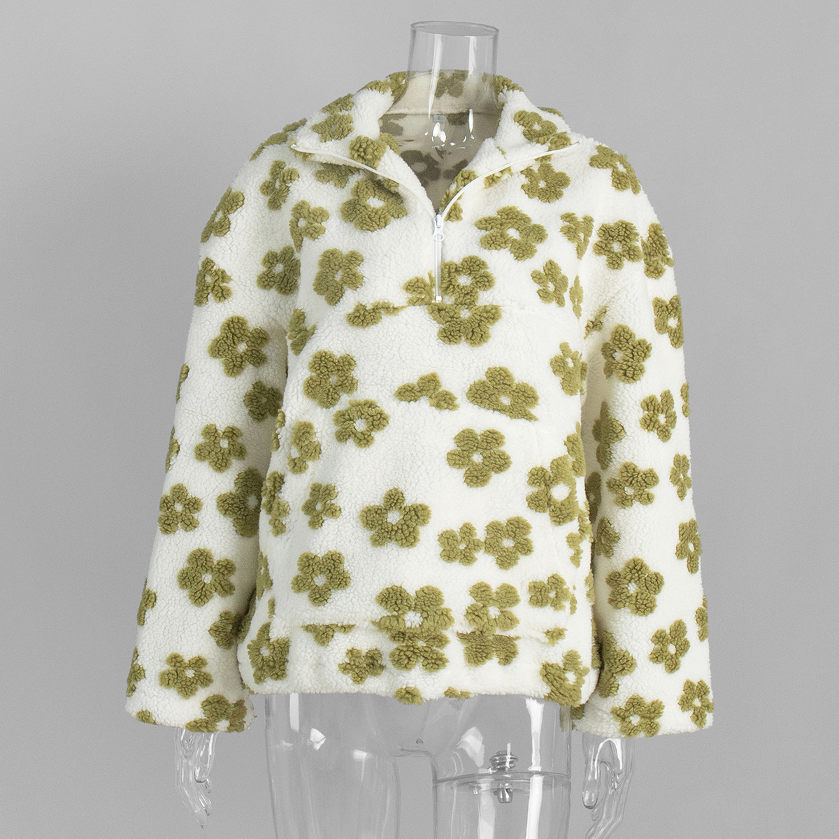 Fleece Floral Pullover Sweatshirt Warm Fuzzy Turtleneck Loose Fit