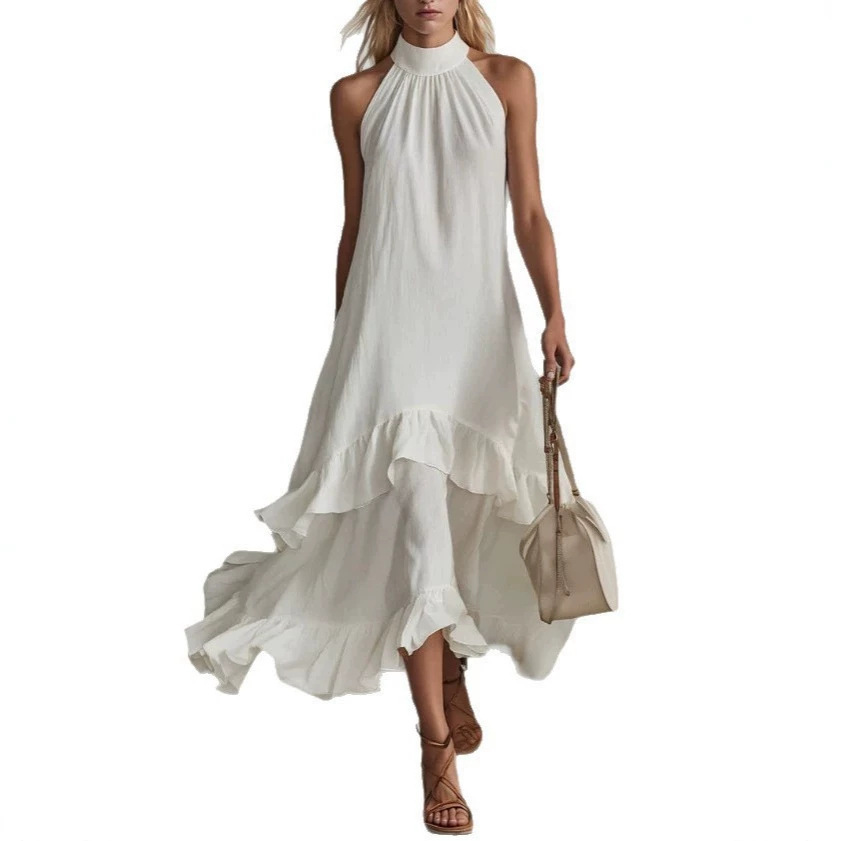 White Sleeveless Ruffle Midi Beach Dress